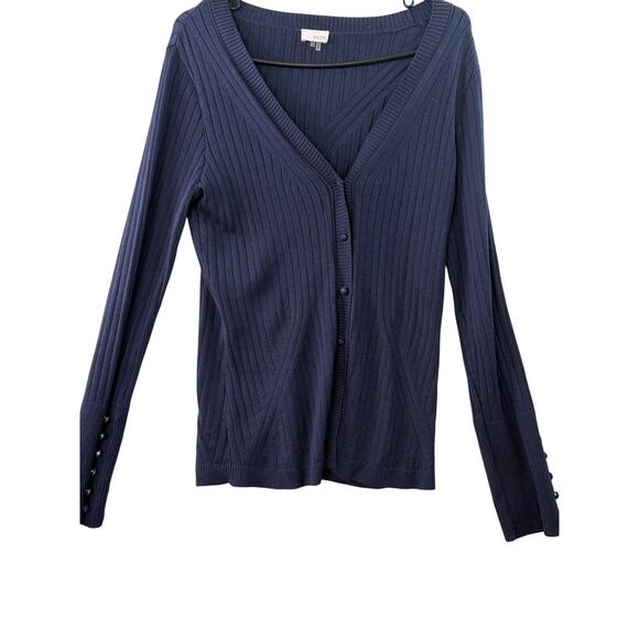 ECRU Navy Ribbed Cardigan with Sleeve Button Detail • Size S - Picture 1 of 6